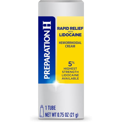 Preparation H Rapid Relief Hemorrhoid Cream with Lidocaine 0.75 Ounce tube front view for instant piles pain relief