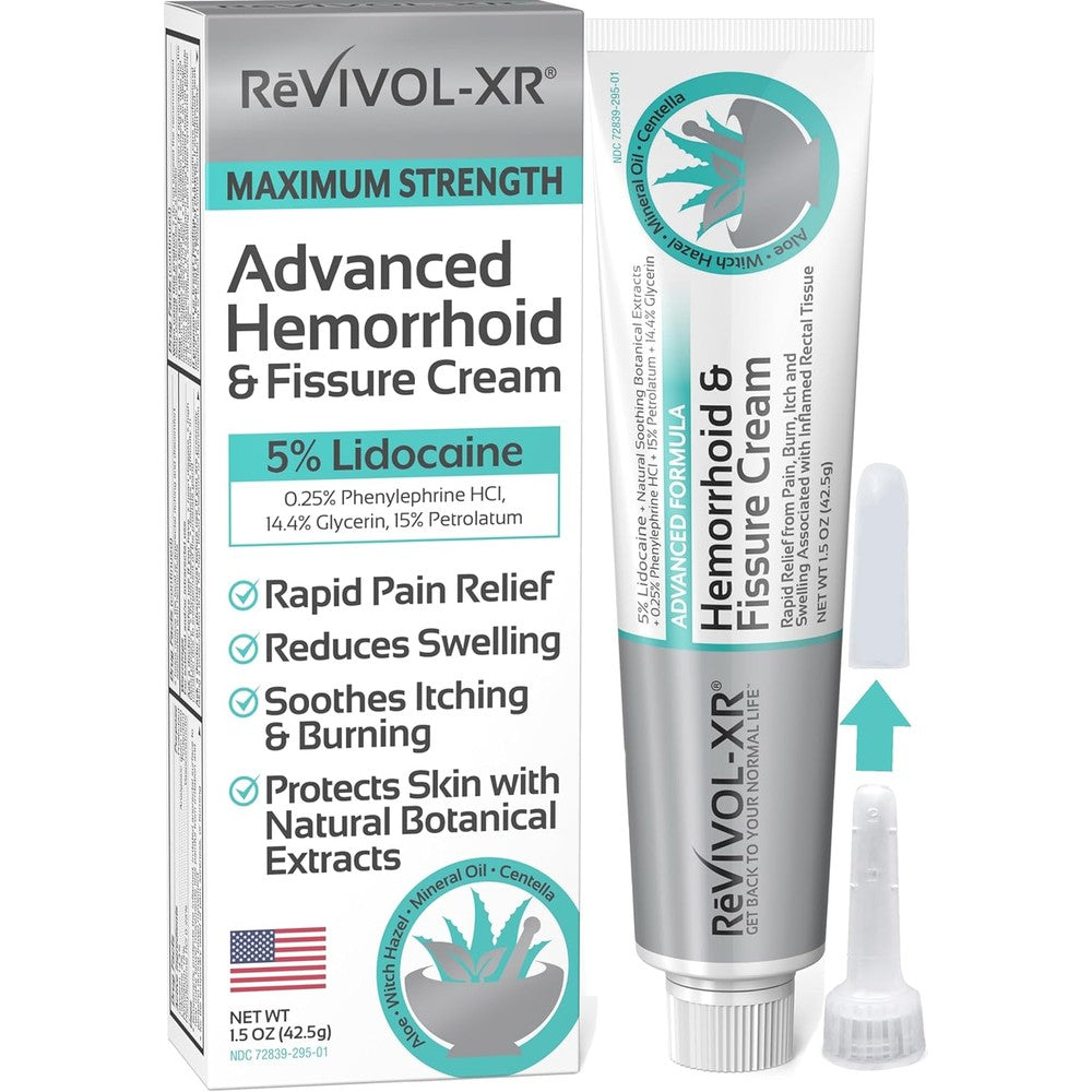 REVIVOL-XR Advanced Hemorrhoid Treatment box front view showing maximum strength pain relief benefits
