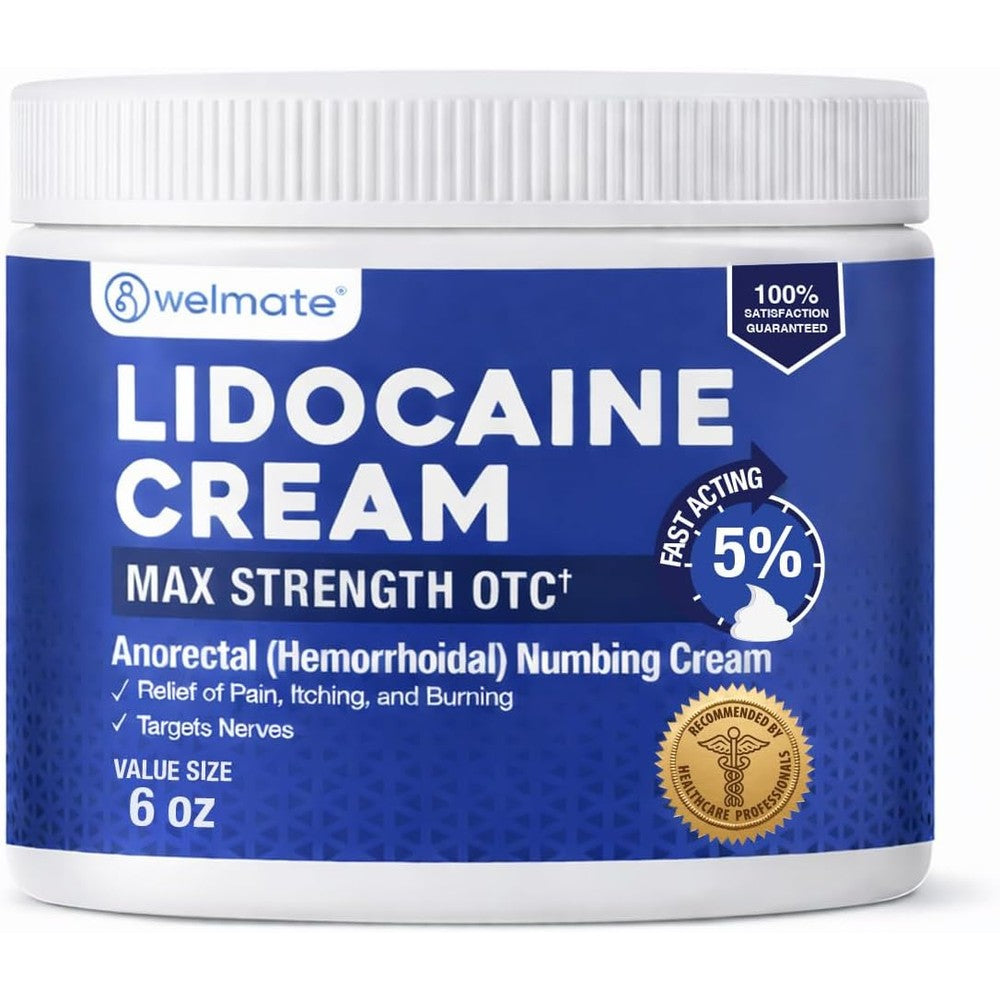 WELMATE 5 Percent Lidocaine Cream 6 ounce jar front view showcasing maximum strength packaging details