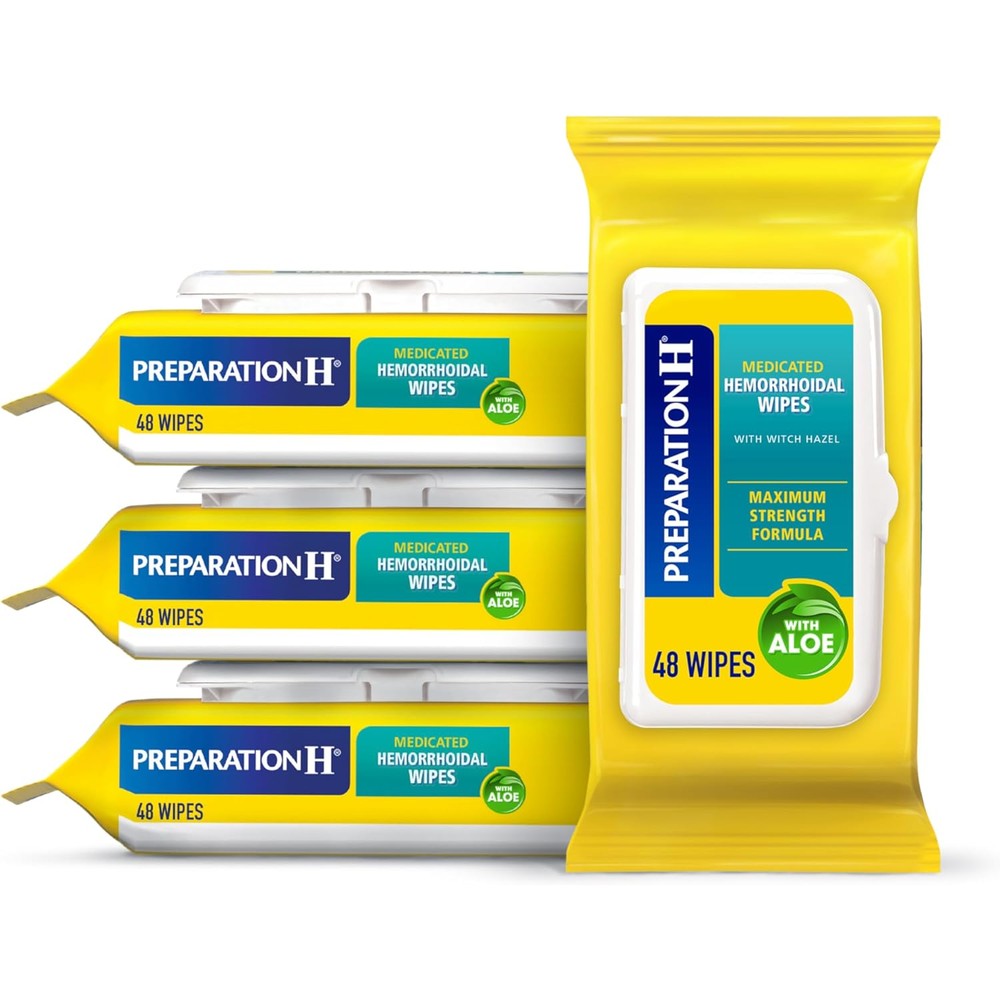 Preparation H Flushable Medicated Hemorrhoid Wipes front view of the four pack packaging.