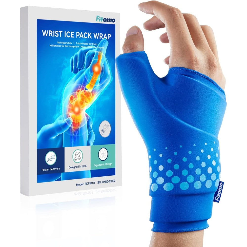 Fitomo thumb and wrist ice pack wrap front view for pain relief