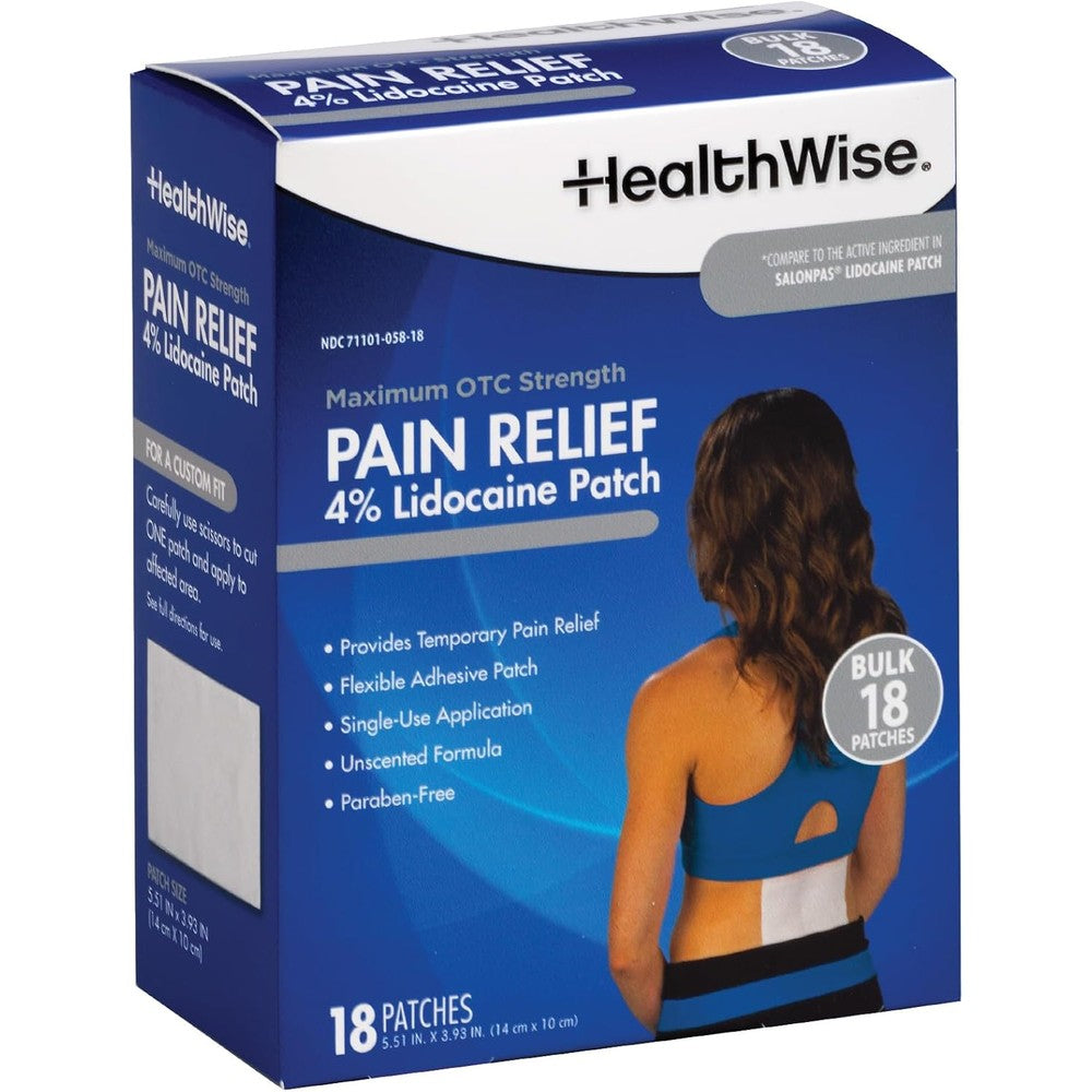 HealthWise Lidocaine Pain Patch 18 count box front view showing 4 percent OTC strength packaging
