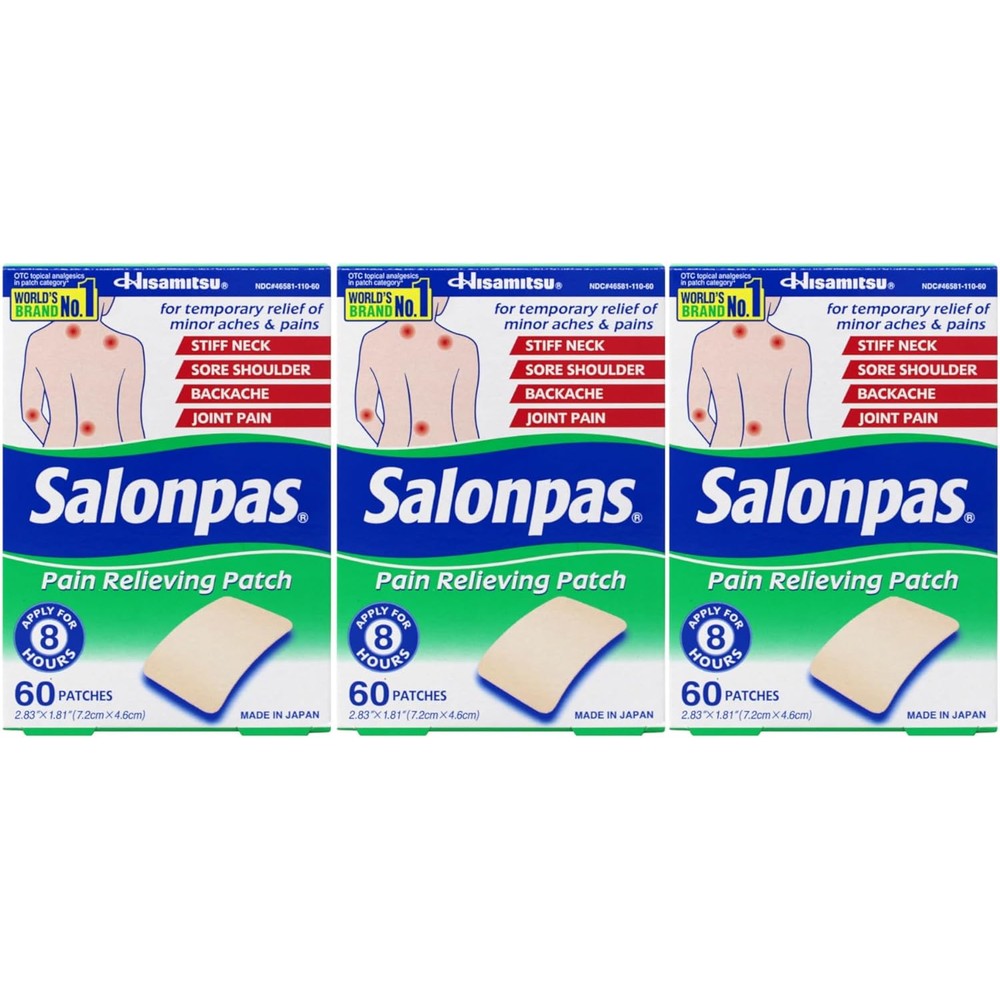 Salonpas Pain Relieving Patches front view showing packaging details for muscle relief