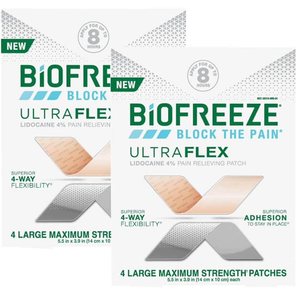 Biofreeze UltraFlex Lidocaine Patches front view showing packaging details.