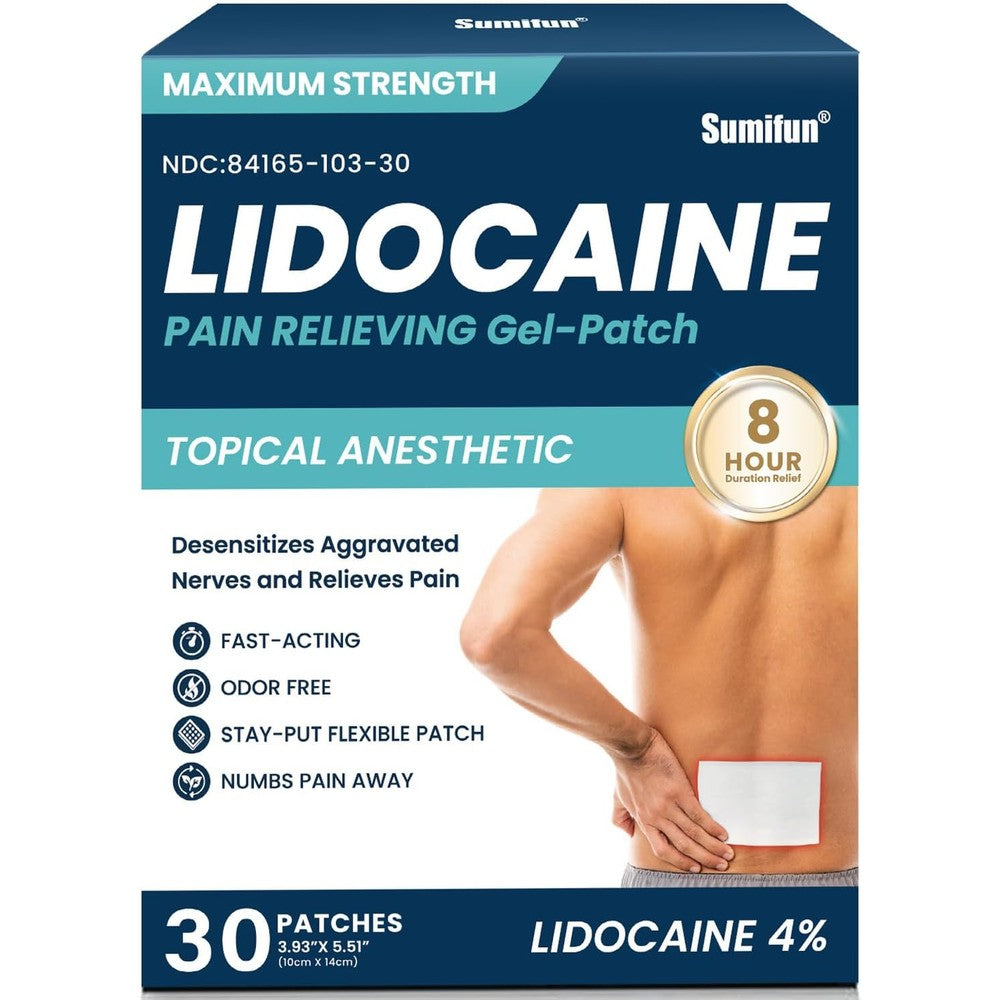 Sumifun 4 Percent Lidocaine Patches Maximum Strength 30 Count box front view showing pain relief benefits.