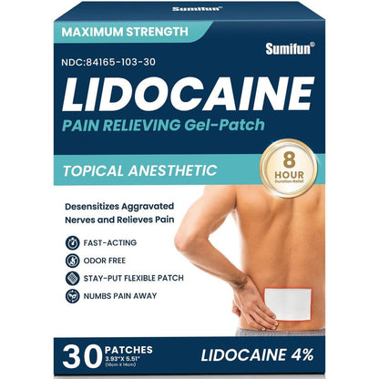 Sumifun 4 Percent Lidocaine Patches Maximum Strength 30 Count box front view showing pain relief benefits.
