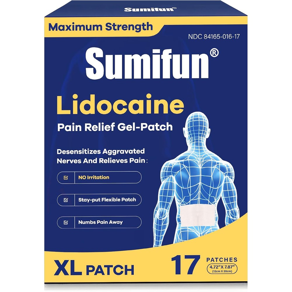 Sumifun Extra Large Lidocaine Patches box front view for maximum strength topical pain relief