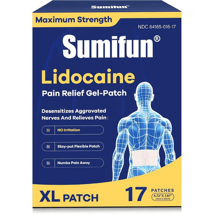 Sumifun Extra Large Lidocaine Patches box front view for maximum strength topical pain relief
