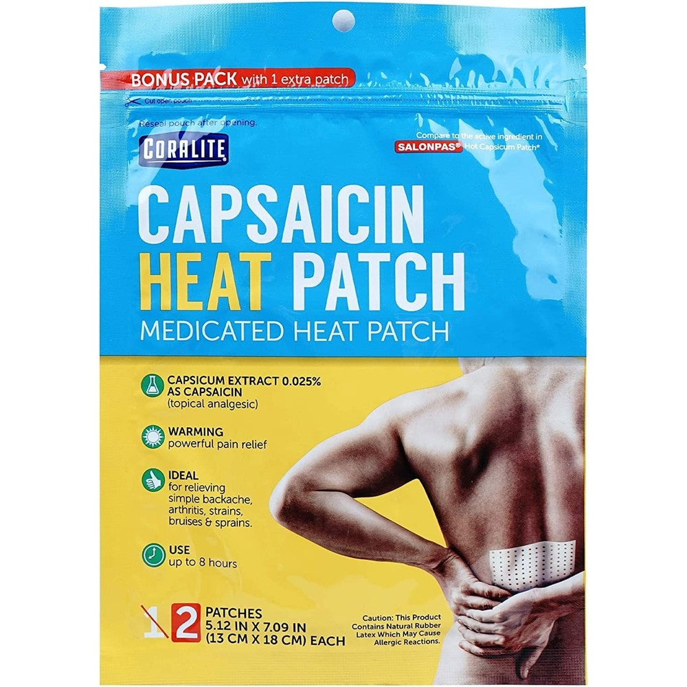 Coralite capsaicin hot patch front view packaging showing pain relief benefits.