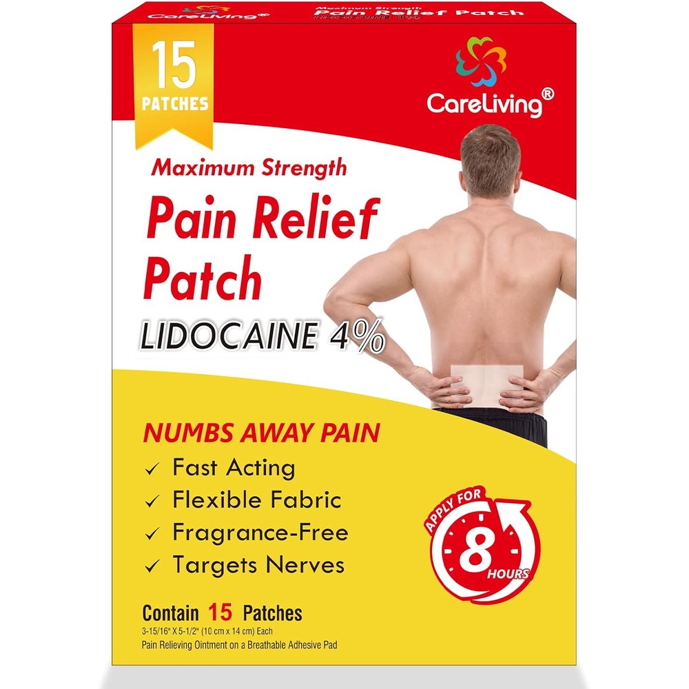 CARELIVING 4% Lidocaine Pain Relief Patch box front view showing fifteen maximum strength patches.