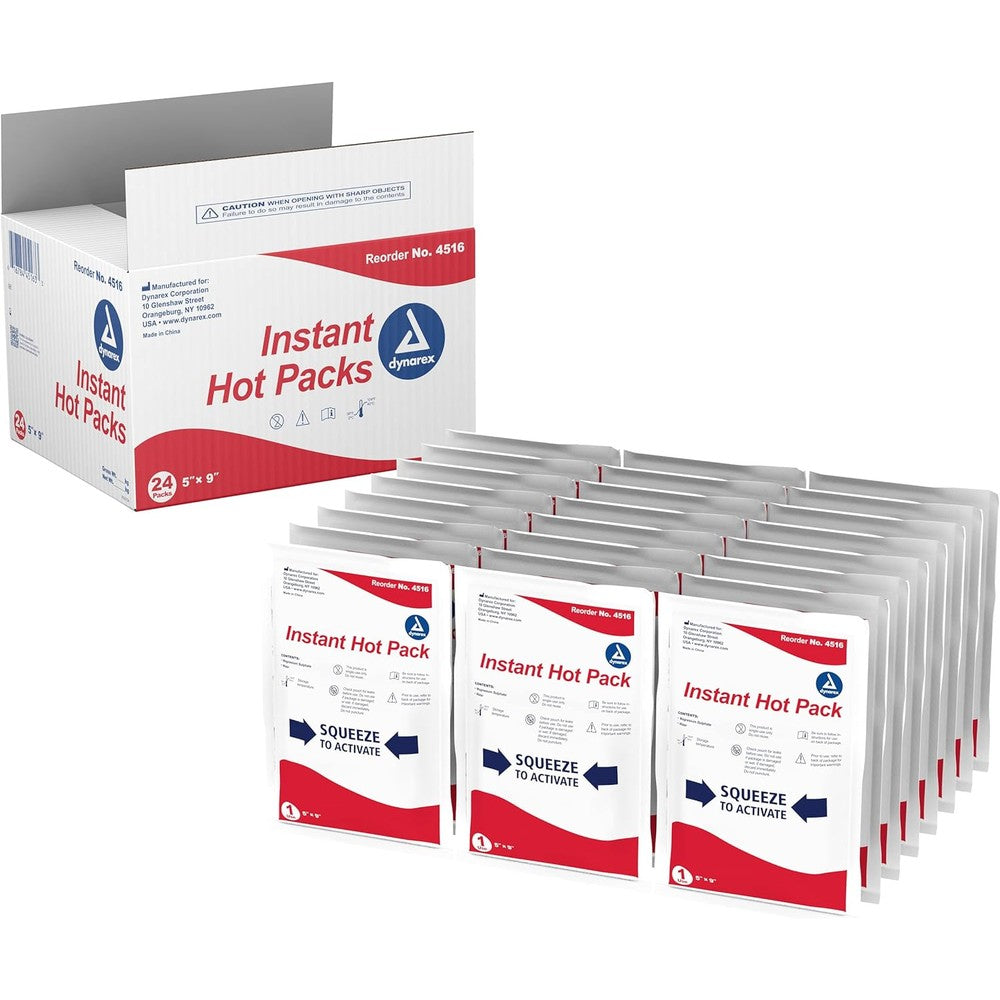 Dynarex Instant Hot Packs front view showing chemical activation instructions and hand placement arrows.