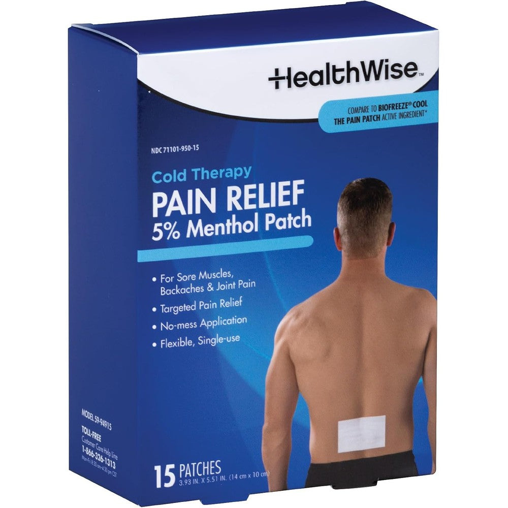 HealthWise Cold Therapy Menthol Pain Relief Patch front view packaging showcasing 15 count box