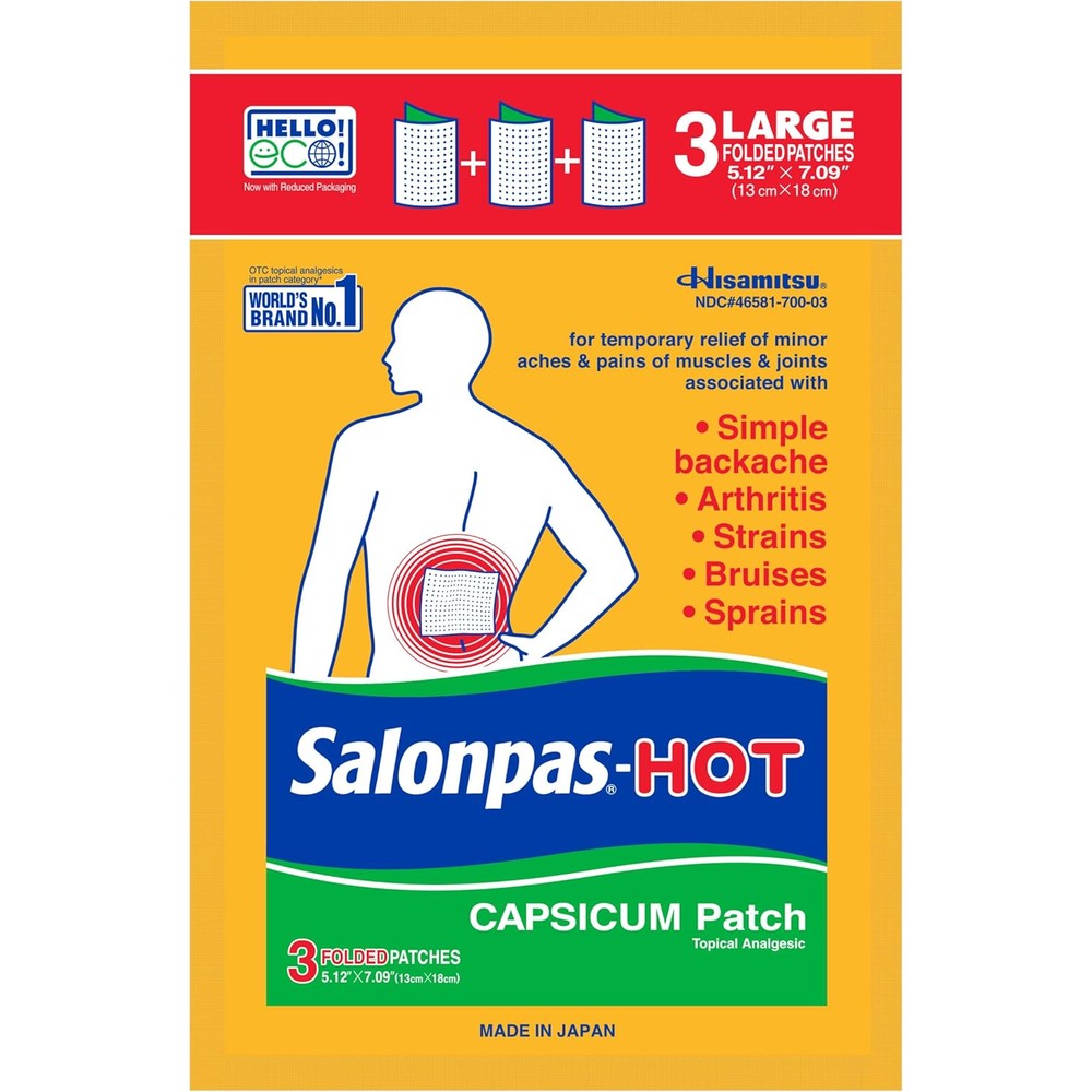 Salonpas Pain Relieving HOT Capsicum Patch front view package of topical heat patches.