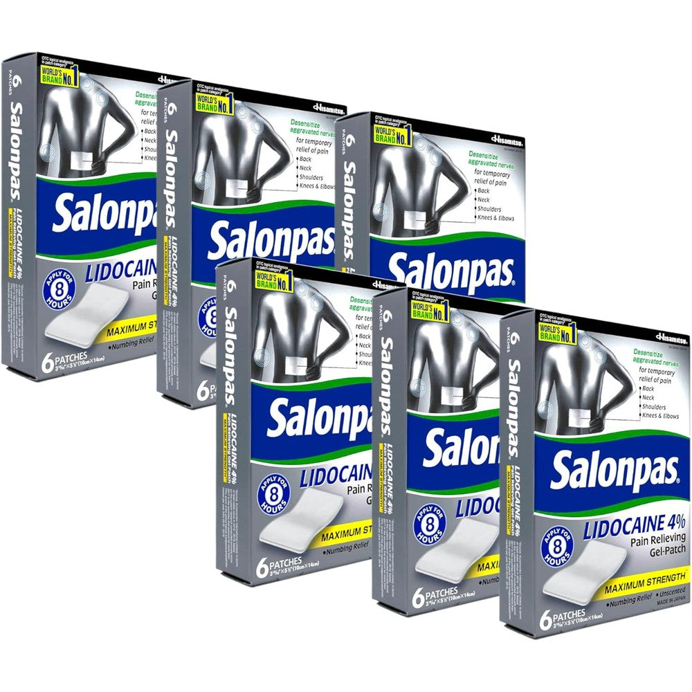 Salonpas Lidocaine Maximum Strength Pain Relieving Gel Patch front view package of six patches for numbing relief