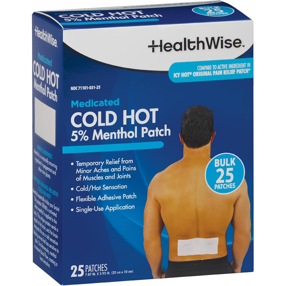 HealthWise Medicated Menthol Patch packaging showing 25 count front view for muscle pain relief