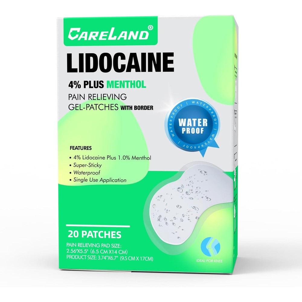 Careland 4 percent lidocaine knee patches front packaging view for maximum strength pain relief