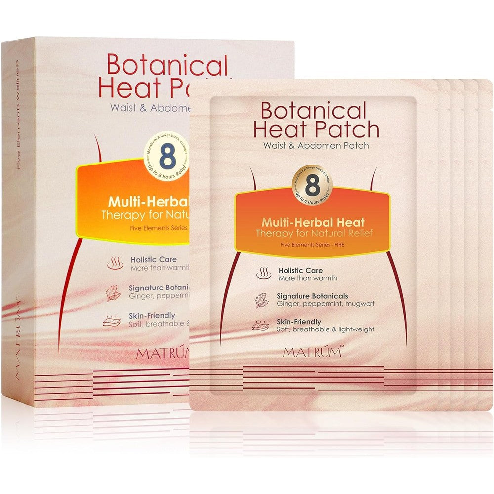 MATRÃšM Botanical Heat Patches front packaging view showing the five count box for natural period pain relief.