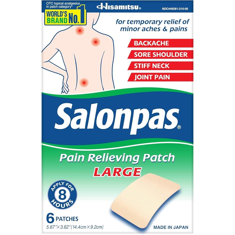 Salonpas Large Pain Relieving Patches front packaging showing 6 patches count