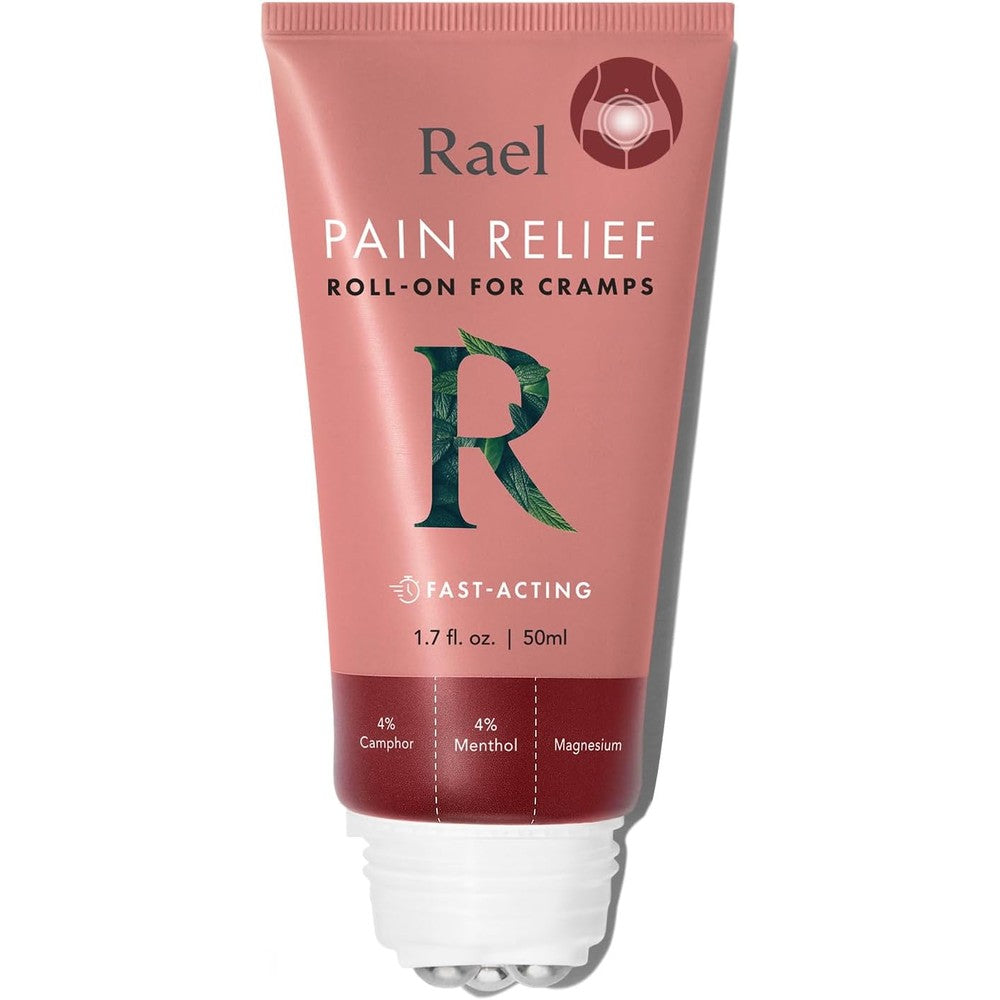 Rael Pain Relief Cream Roll-On front packaging for menstrual cramp relief
