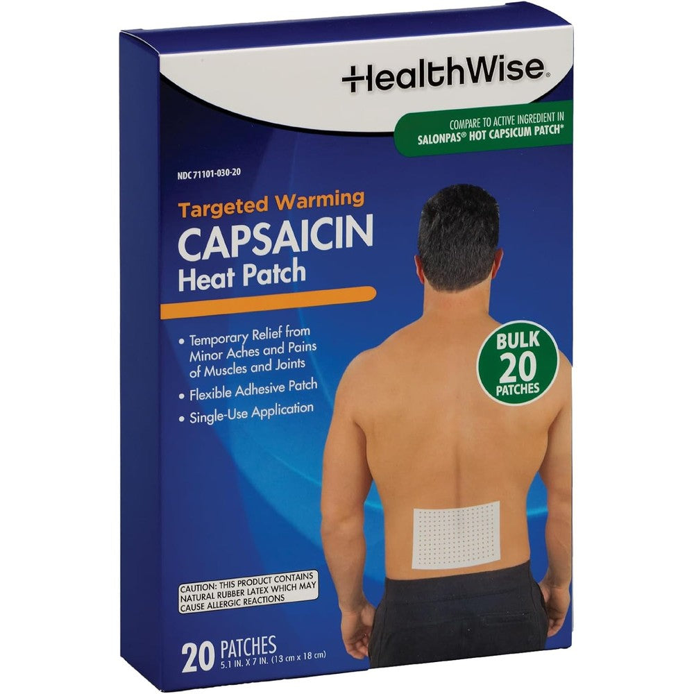 HealthWise Targeted Warming Capsaicin Heat Patch 20 count pack front view showcasing pain relief benefits