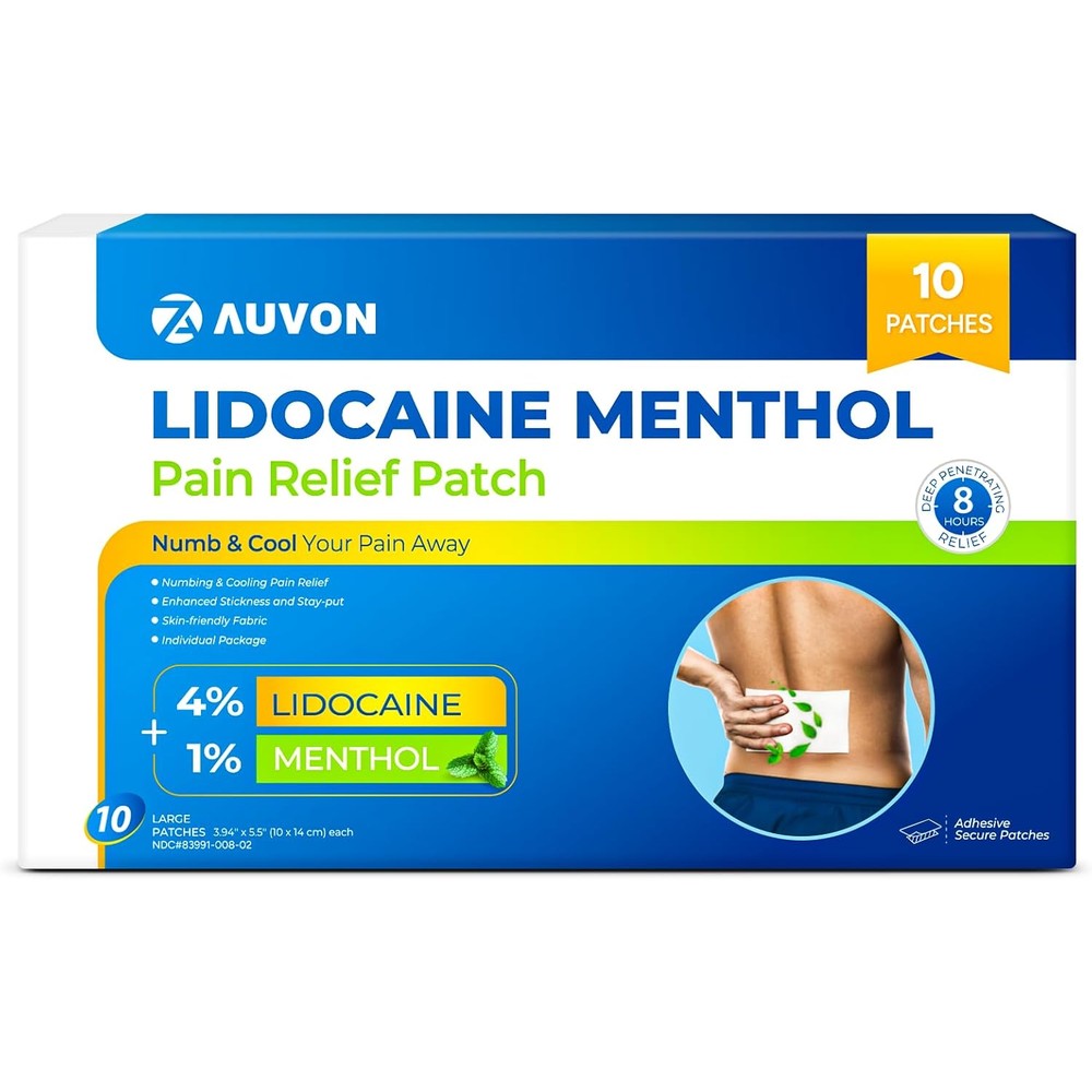 AUVON Max Strength Lidocaine Pain Relief Patches 10 count box front view showing packaging details.