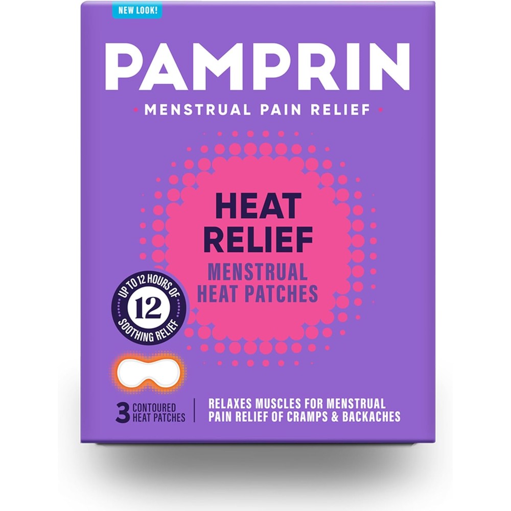 Pamprin Heat Relief Menstrual Patches box front view for period cramp management.