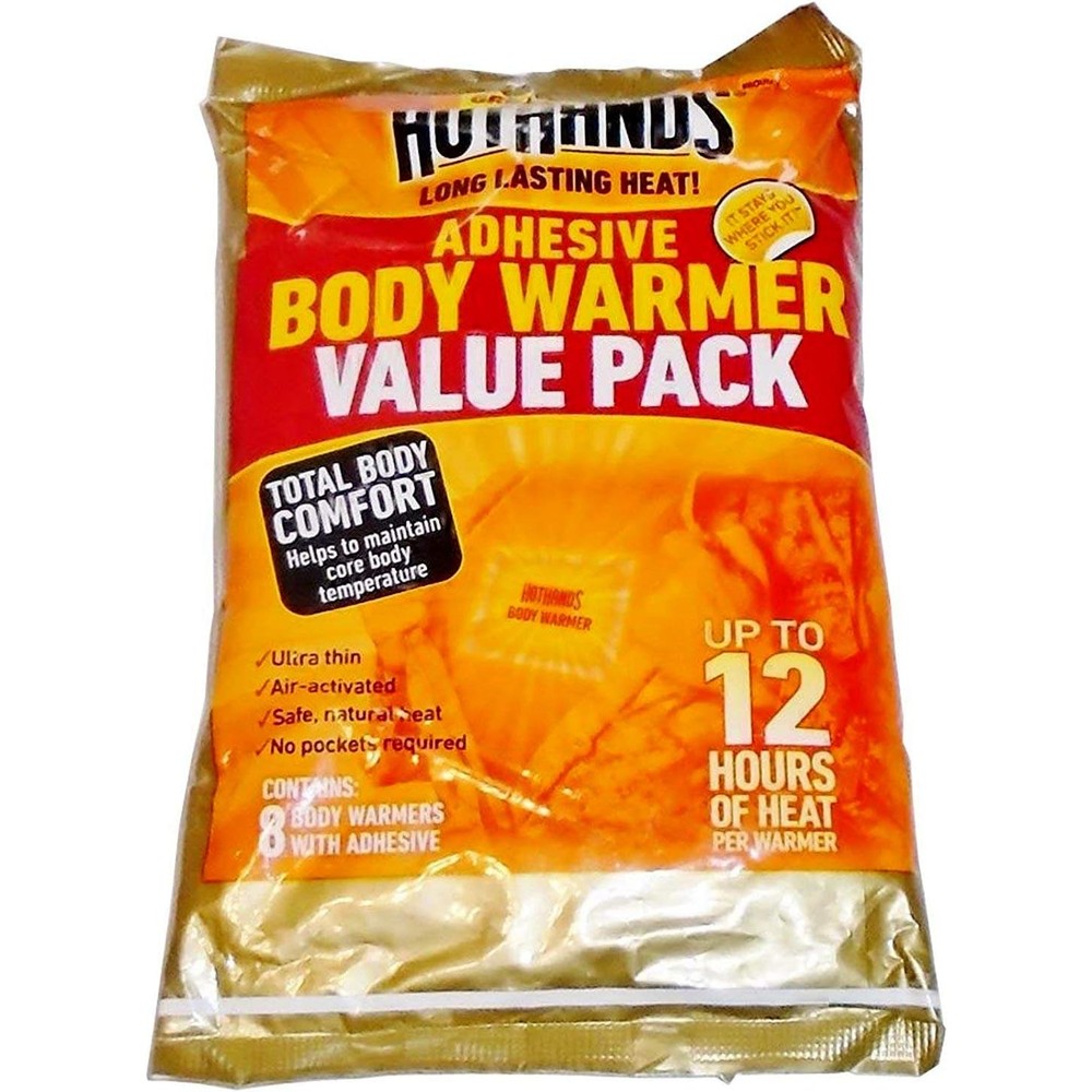 HotHands Body Warmer with Adhesive 8 Pack front view packaging showcasing natural air-activated heat patches.