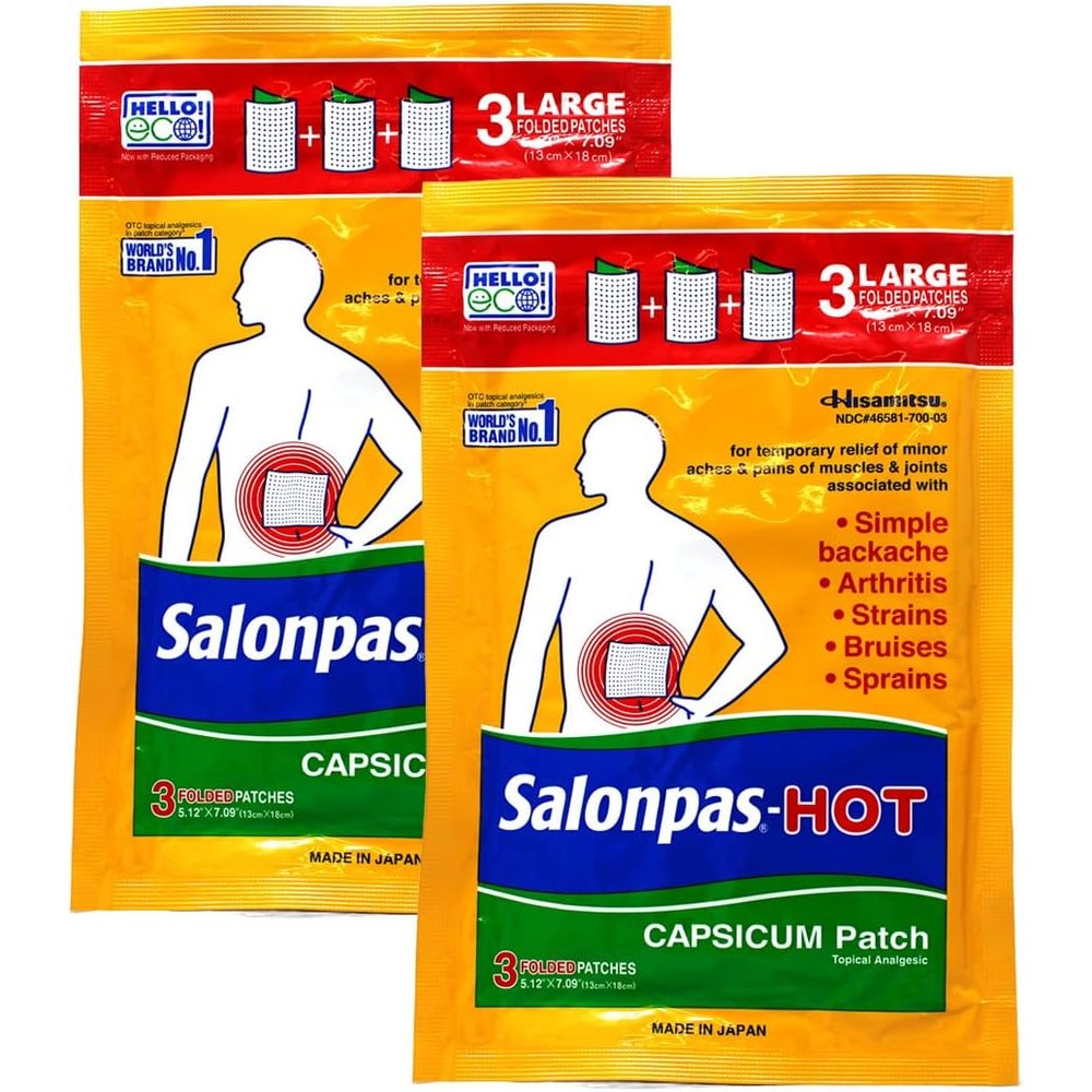 Salonpas Pain Relieving HOT Capsicum Patch front packaging showing the 2 pack variant