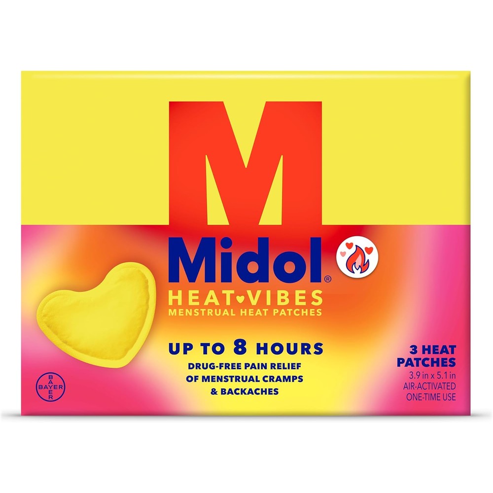 Midol Heat Vibes Menstrual Pain Relief Patches packaging front view for period symptom relief
