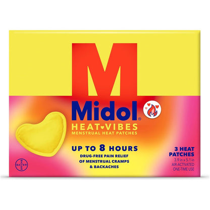 Midol Heat Vibes Menstrual Pain Relief Patches packaging front view for period symptom relief