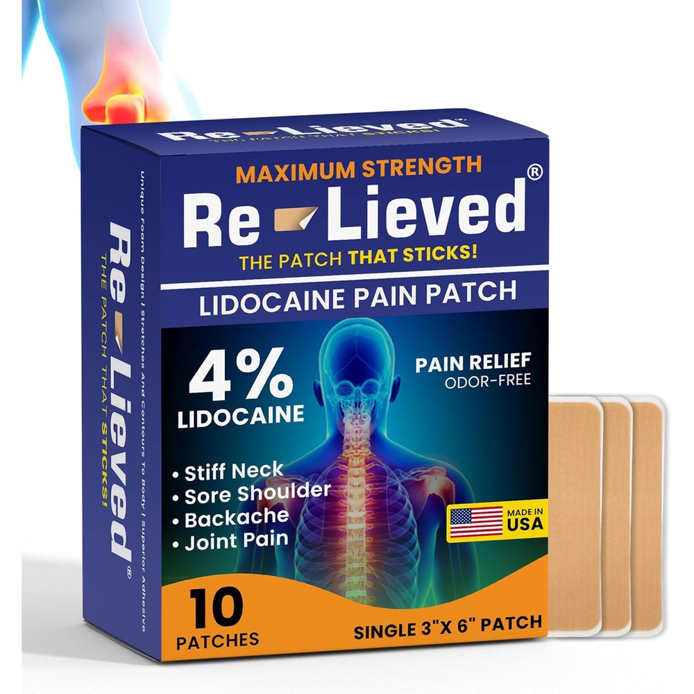 Re-Lieved 4 percent lidocaine pain relief patches front retail box package view