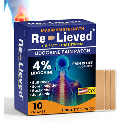 Re-Lieved 4 percent lidocaine pain relief patches front retail box package view