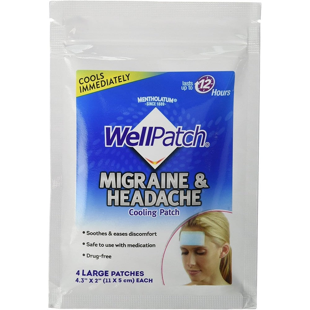 WellPatch Migraine and Headache Cooling Patch four count box front view showcasing drug free twelve hour relief