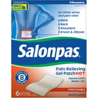 Salonpas Pain Relieving Gel Patch HOT 6 Count front packaging displaying active ingredients menthol and capsaicin.