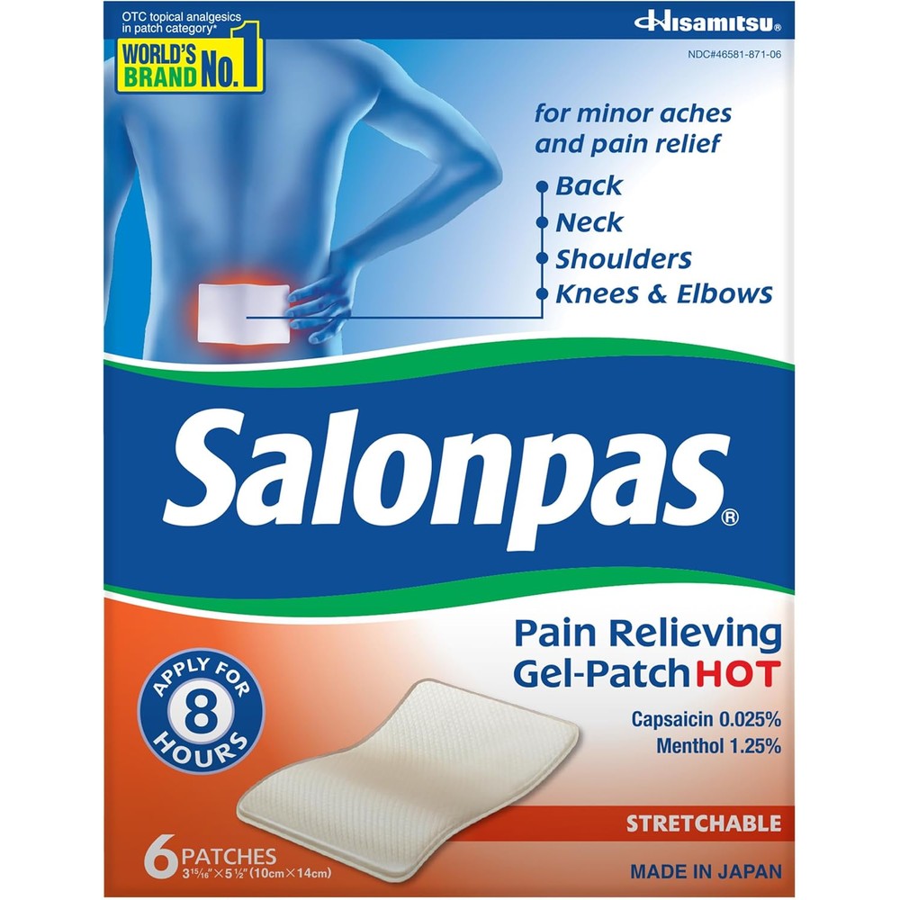 Salonpas Pain Relieving Gel Patch HOT 6 Count front packaging displaying active ingredients menthol and capsaicin.
