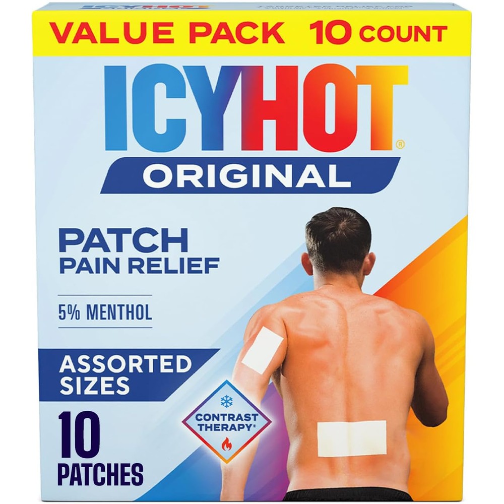 Icy Hot Original Pain Relief Patch Variety Pack front view showing packaging box detailing ten count medicated patches