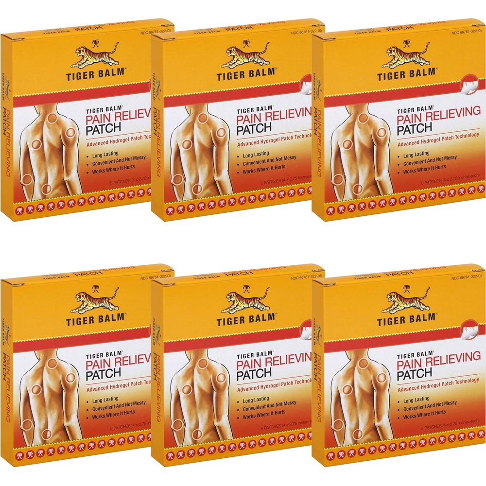 Tiger Balm Pain Relieving Patch front packaging view for muscle ache relief