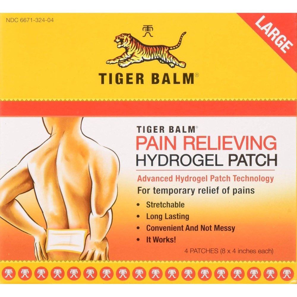 Tiger Balm Pain Relieving Patch Large box front view showcasing authentic packaging for targeted back relief.
