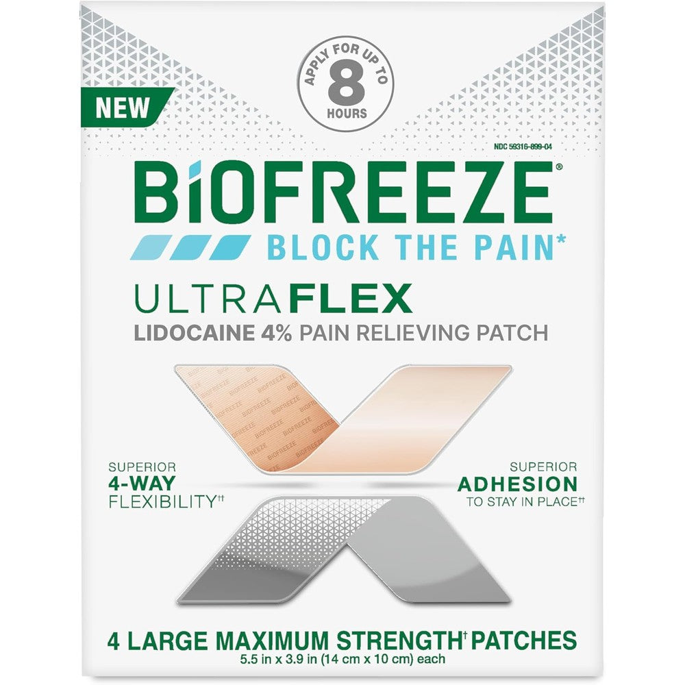 Biofreeze UltraFlex Maximum Strength Lidocaine Patches front view showing packaging box.