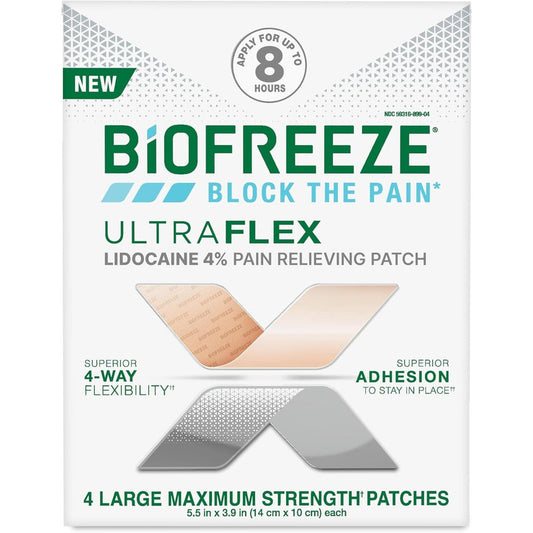 Biofreeze UltraFlex Maximum Strength Lidocaine Patches front view showing packaging box.