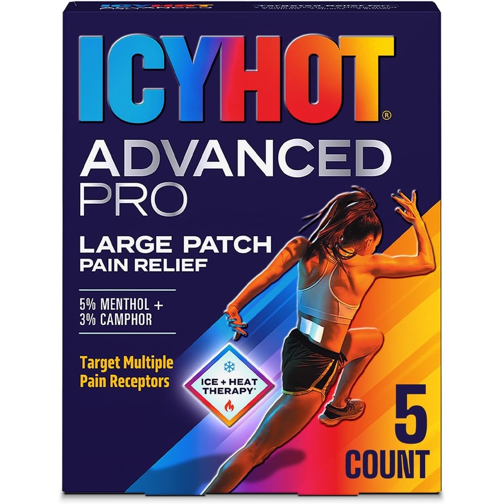 Icy Hot Advanced PRO Pain Relief Patches 5 count box front view showing extra strength formula for muscle pain
