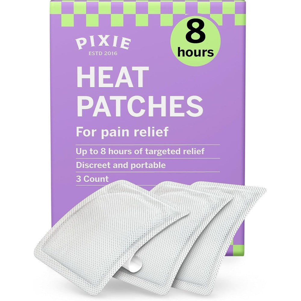Pixie Cup period cramps menstrual pain relief heat patches packaging front view showing 3 count box
