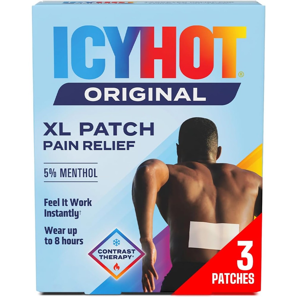 Icy Hot Original Pain Relief Patch XL 3 Count front packaging showing contrast therapy features for backaches