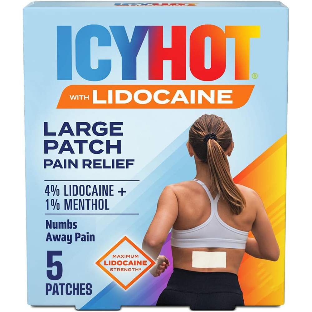 Icy Hot Lidocaine Pain Relief Patches front view showing max strength formulation packaging.