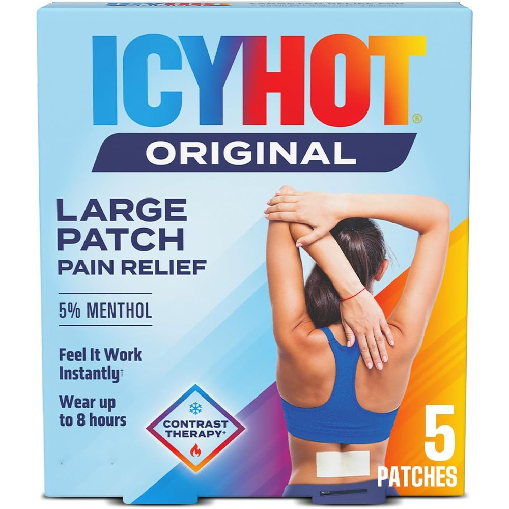 Icy Hot Medicated Patch Extra Strength front view packaging for large area back pain relief