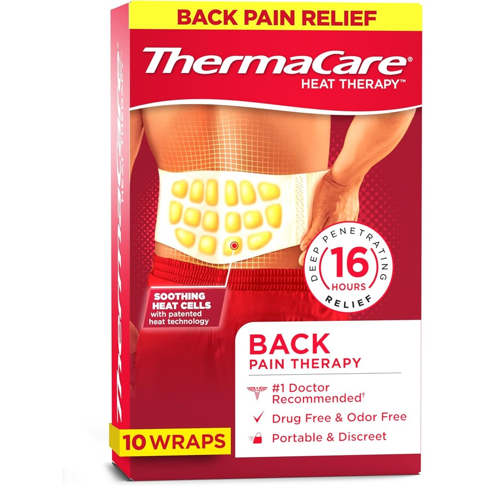 ThermaCare Advanced Back and Hip HeatWraps front view packaging showing lower back pain relief benefits.