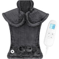 FluffyWarmth full back heating pad in gray draped over a chair showing the front view layout