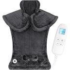 FluffyWarmth full back heating pad in gray draped over a chair showing the front view layout