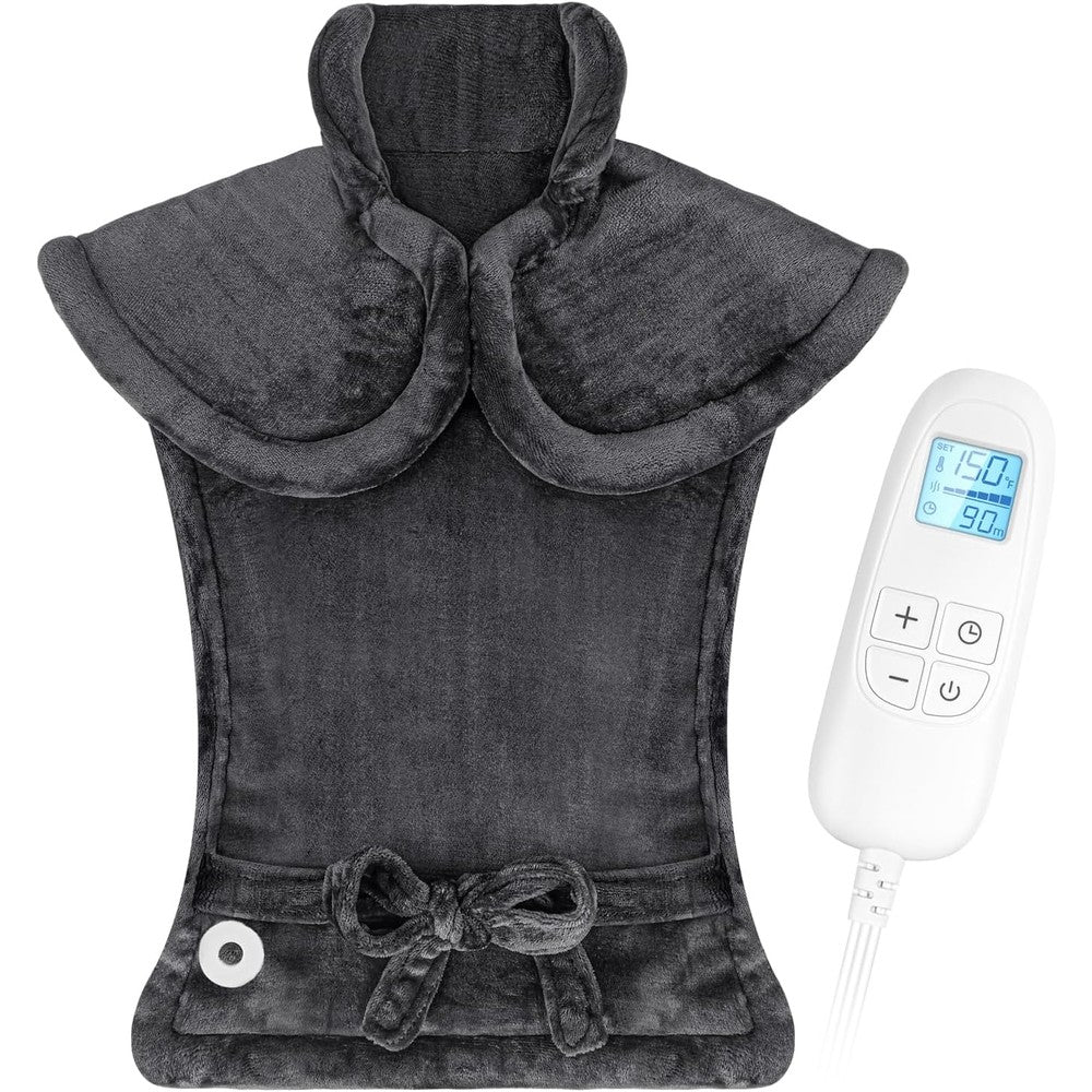 FluffyWarmth full back heating pad in gray draped over a chair showing the front view layout