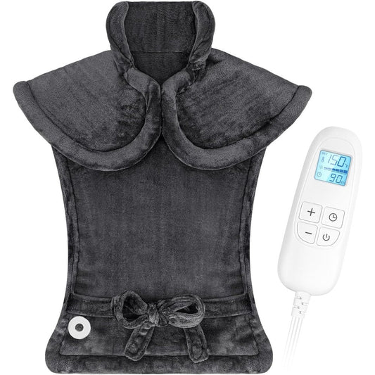 FluffyWarmth full back heating pad in gray draped over a chair showing the front view layout